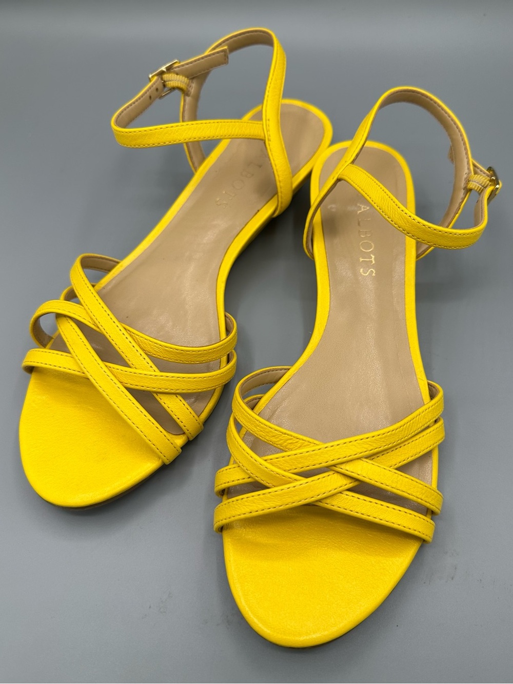 Talbots Yellow Capri Napa leather mini wedge with strapped open toe sandals